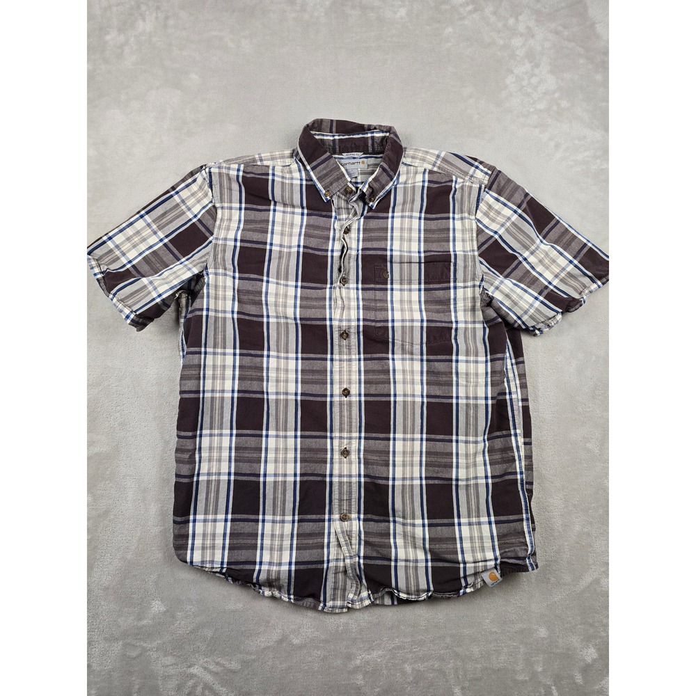 Carhartt Button Down Shirt Mens L Brown Plaid Relaxed Fit 101552 Short Sleeve